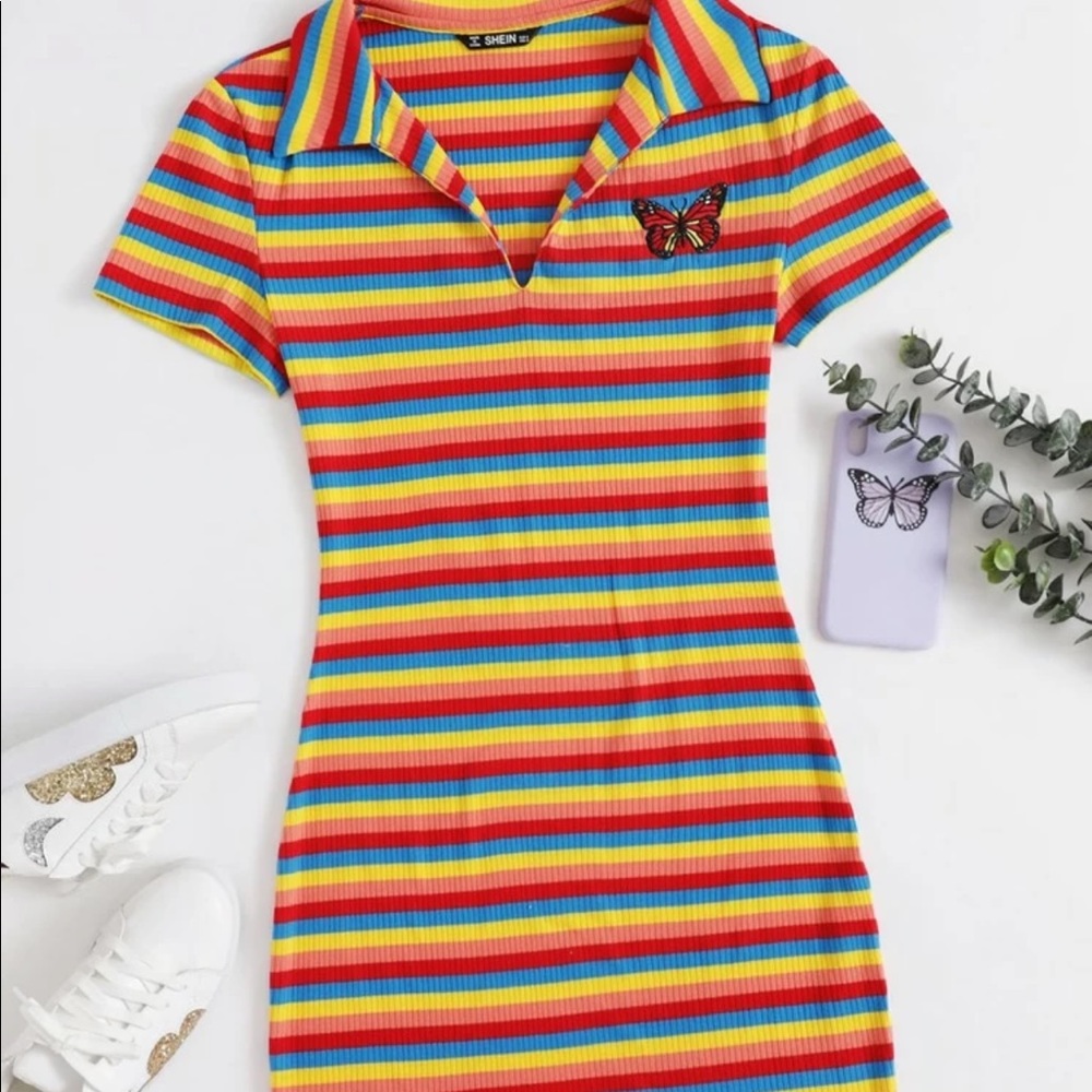 SHEIN ribbed rainbow striped butterfly graphic dress.